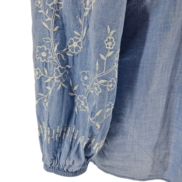 Ann Taylor LOFT Shirt Blue Floral Embroidered Ruffle Long Sleeve Smocked Medium - Picture 5 of 9